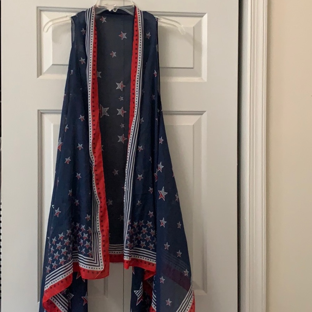 Red white blue scarf shirt with arm holes.